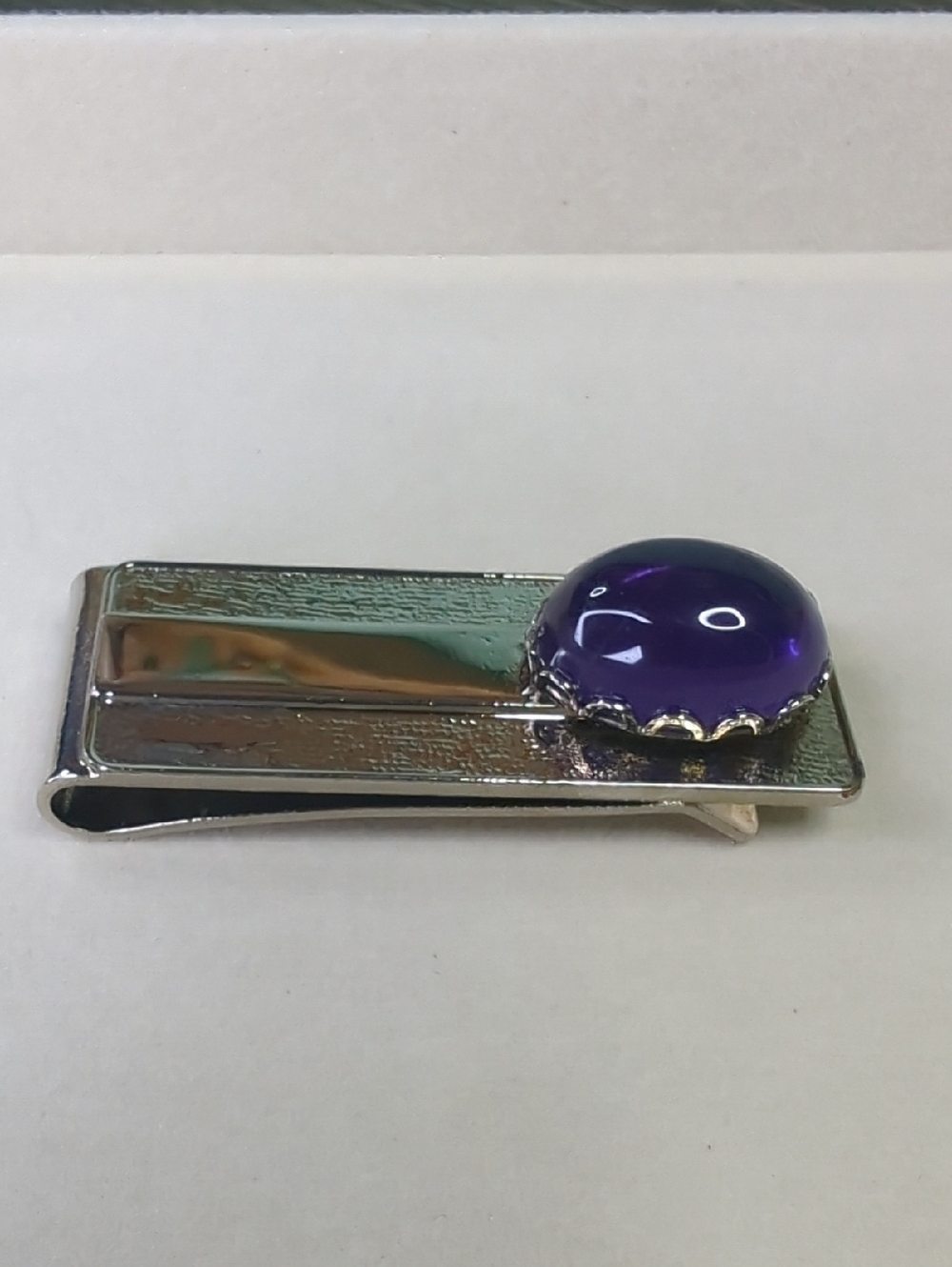Vintage Money Clip, Cabochon Amytheyst, Silver Tone